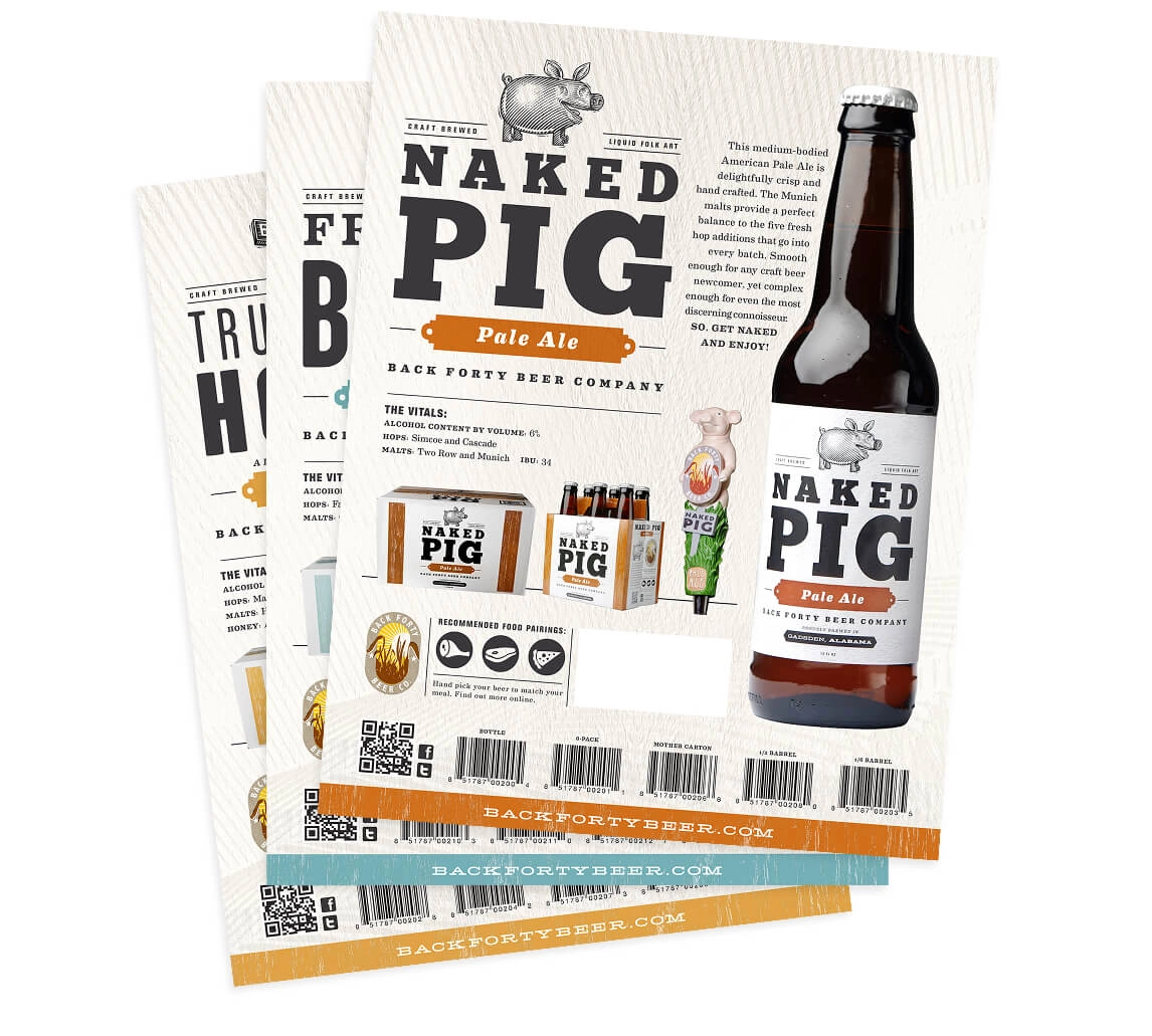Print collateral featuring different beers in the Back Forty offering