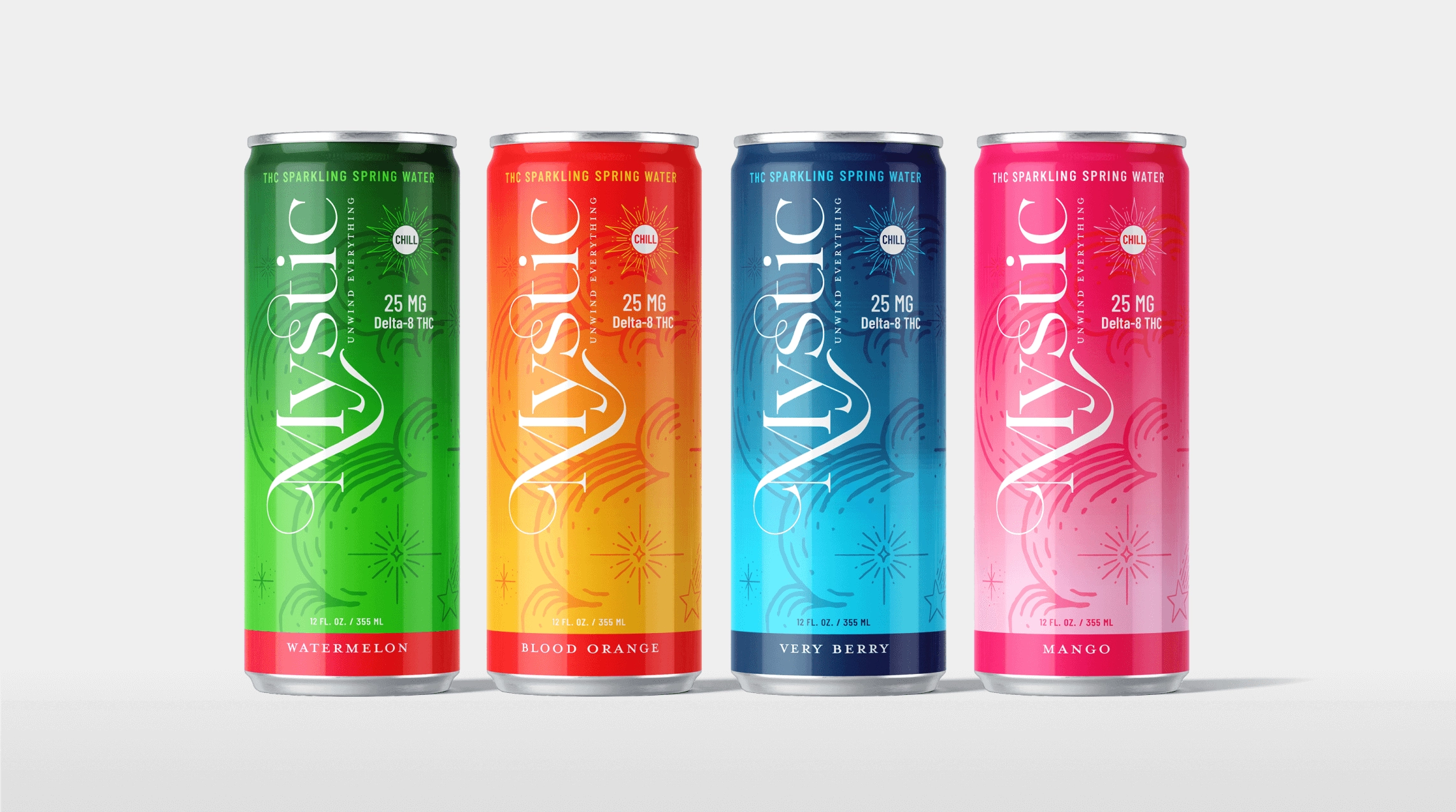 Mystic cans lined up showing off the different flavors