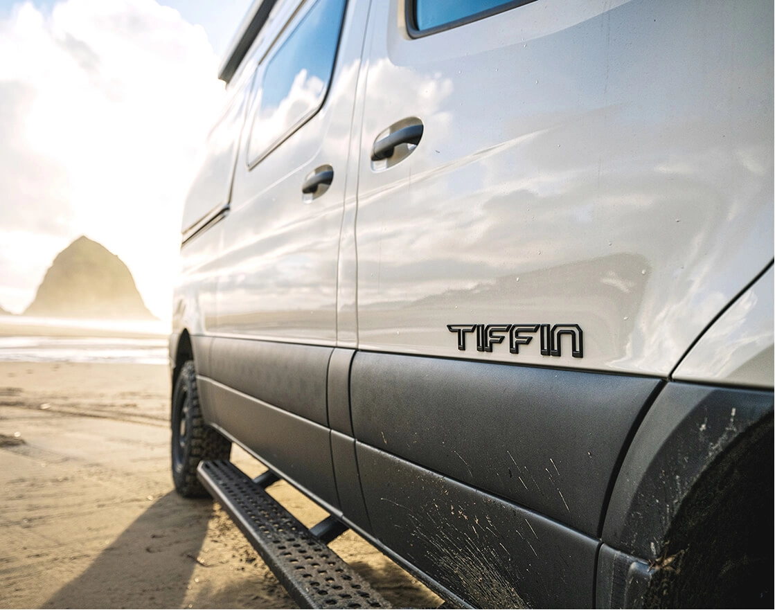A close shot of the side of a Tiffin Motorhome