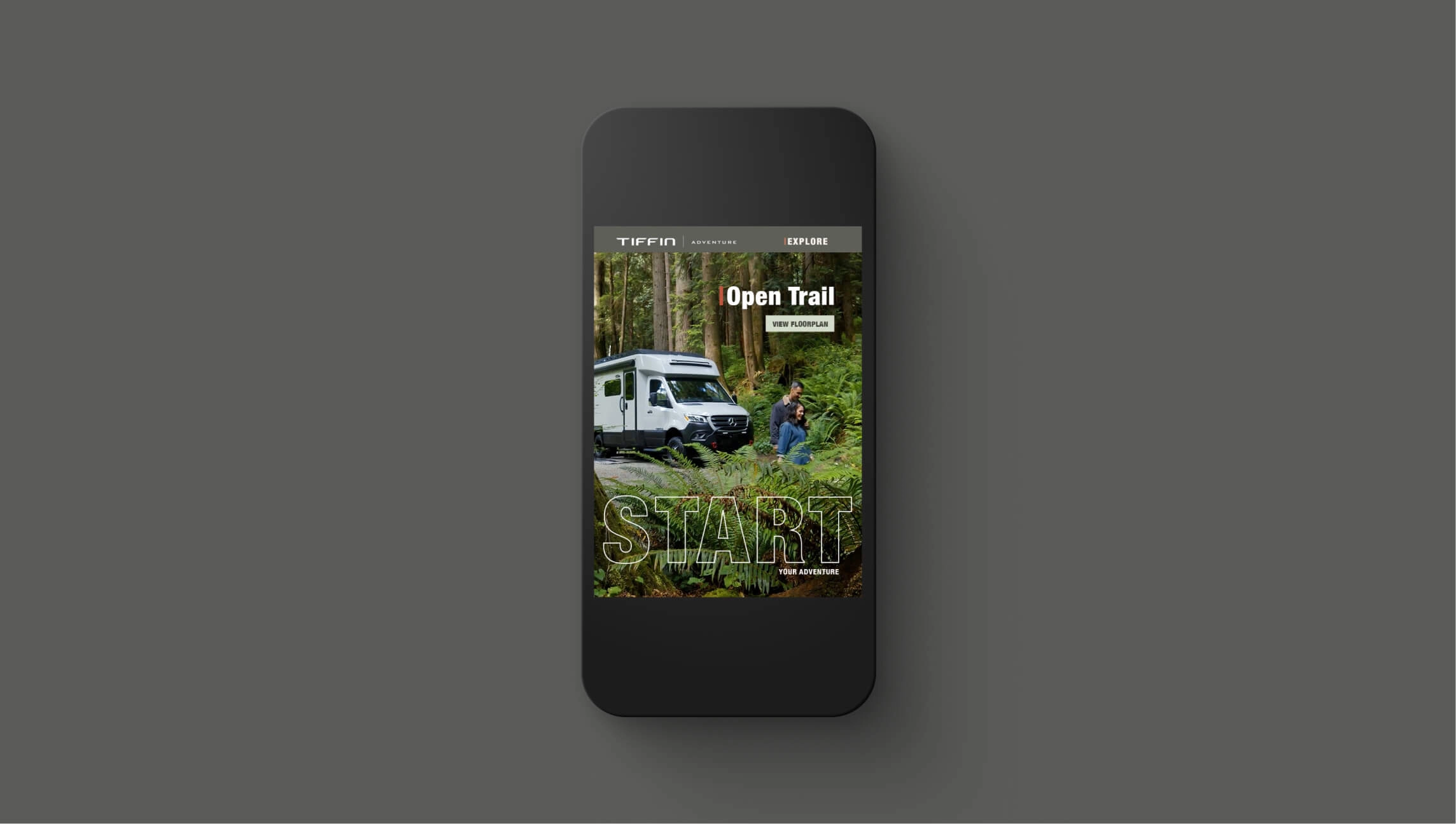 A close shot of a phone displaying the Tiffin Motorhomes website